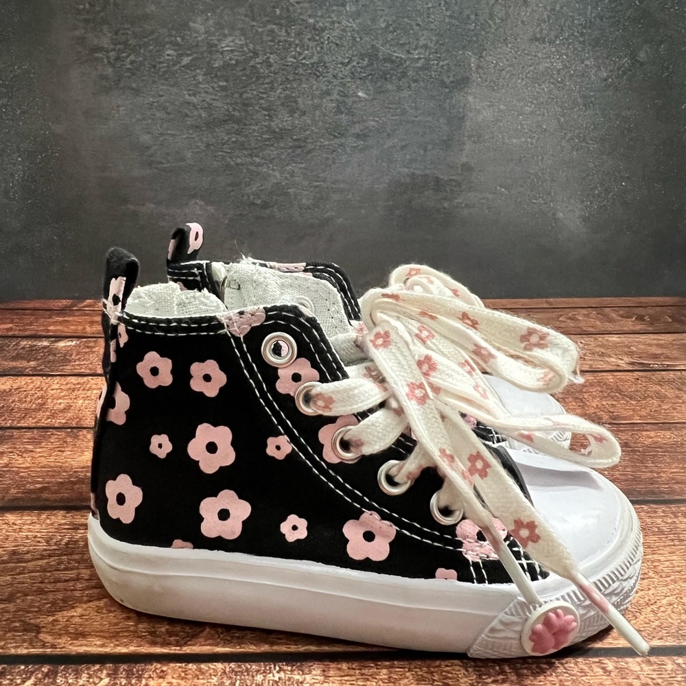 Kids Black and Pink Floral Sneakers
